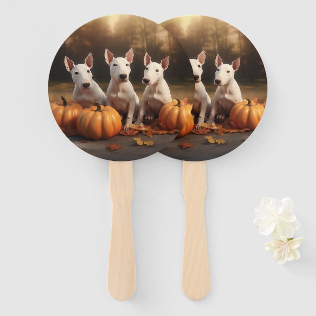Bull Terrier Puppy Autumn Delight Pumpkin Hand Fan (Front and Back)