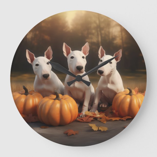 Bull Terrier Puppy Autumn Delight Pumpkin Large Clock (Front)