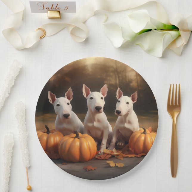 Bull Terrier Puppy Autumn Delight Pumpkin Paper Plate (Wedding)