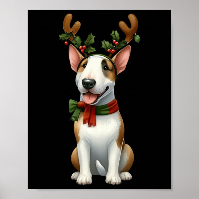Bull Terrier Reindeer Santa Hat Xmas Lights Christ Poster (Front)