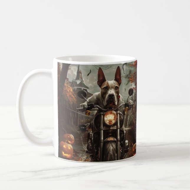 Bull Terrier Riding Motorcycle Halloween Scary Coffee Mug (Left)