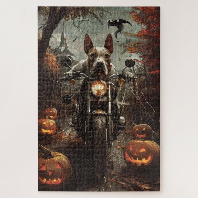 Bull Terrier Riding Motorcycle Halloween Scary Jigsaw Puzzle (Vertical)