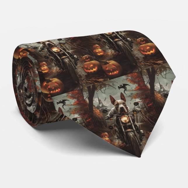 Bull Terrier Riding Motorcycle Halloween Scary Tie (Rolled)