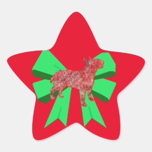 Bull Terrier Silhouette Dog & Green Bow Christmas Star Sticker