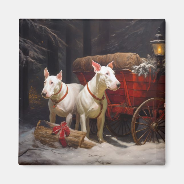 Bull Terrier Snowy Sleigh Christmas Decor Magnet (Front)