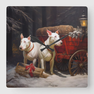 Bull Terrier Snowy Sleigh Christmas Decor Square Wall Clock