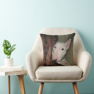 Bull Terrier Snuggled Under a Blanket Throw Pillow