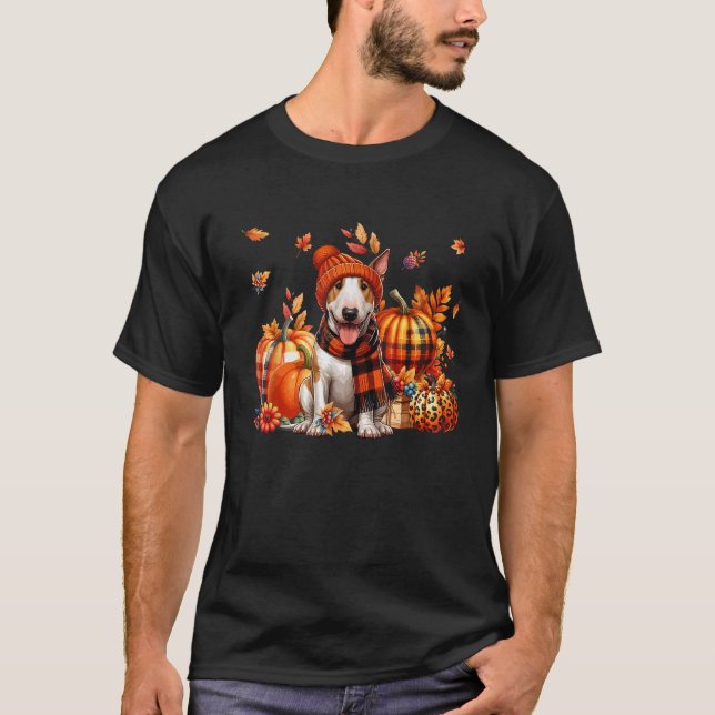 Bull Terrier Thanksgiving Leopard Pumpkins Fall Le T-Shirt (Front)