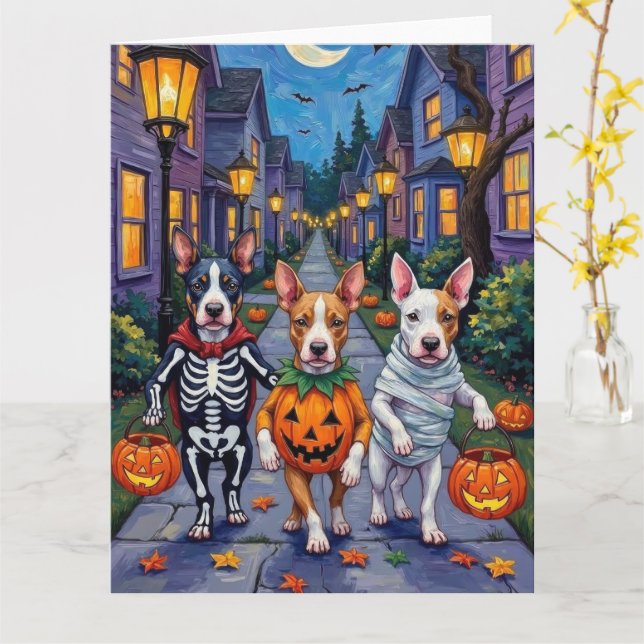 Bull Terrier Trick-or-Treating Halloween Costumes Card (Yellow Flower)