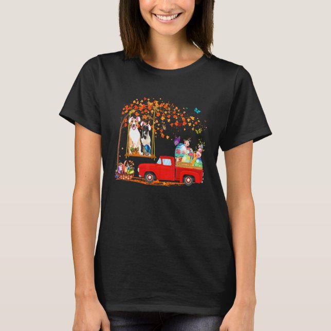 Bull Terrier Wearing Bunny Ear Red Truck With Eggs T-Shirt (Front)