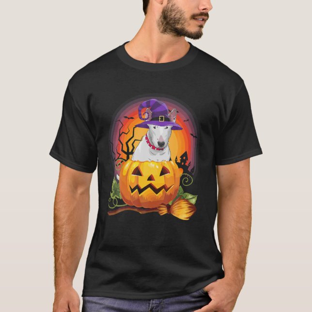 Bull Terrier Witch Pumpkin Halloween Dog Lover T-Shirt (Front)