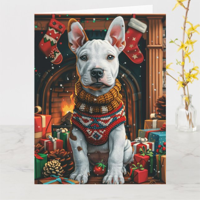 Bull Terrier with Christmas Gifts Fireplace Card (Yellow Flower)