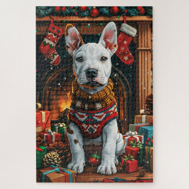 Bull Terrier with Christmas Gifts Fireplace Jigsaw Puzzle (Vertical)