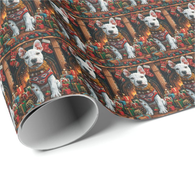 Bull Terrier with Christmas Gifts Fireplace Wrapping Paper (Roll Corner)