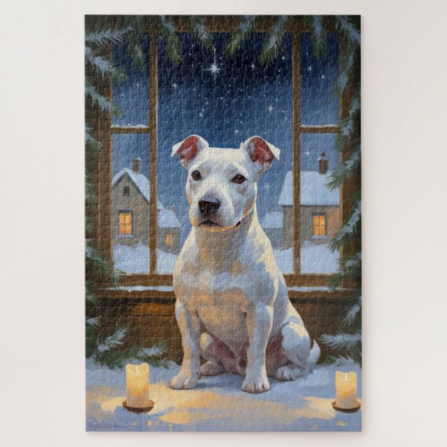 Bull Terrier with Christmas Lights Holiday Jigsaw Puzzle (Vertical)