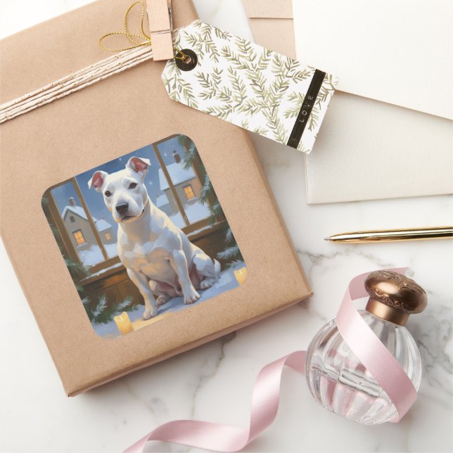 Bull Terrier with Christmas Lights Holiday Square Sticker (Gifting)