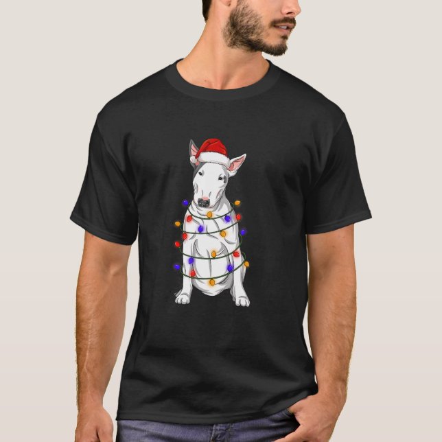 Bull Terriers Dog Wearing Christmas Hat Lights T-Shirt (Front)