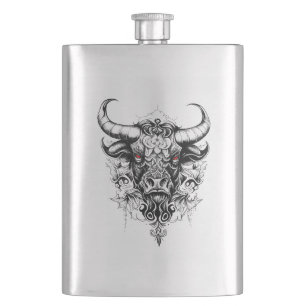 Bull Wild Animal Nature Illustration Art Tattoo Hip Flask