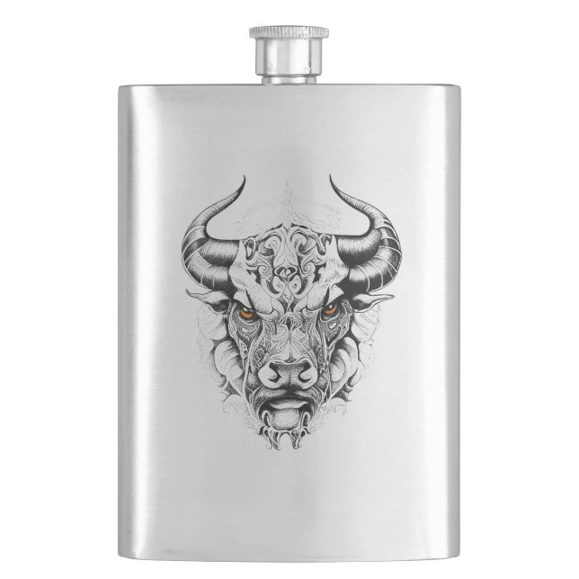 Bull Wild Animal Nature Illustration Art Tattoo Hip Flask (Front)