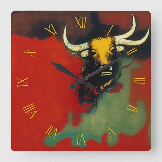 Bull with 3 horns square wall clock (Front)