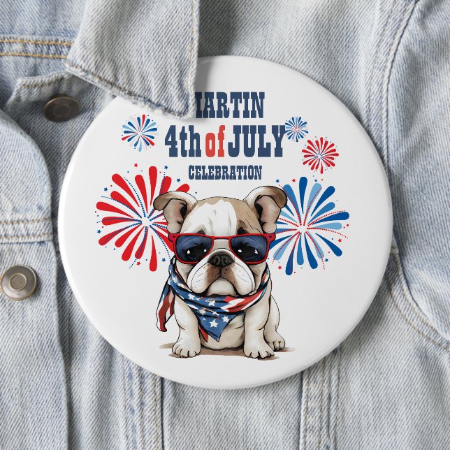 Bulldog 4th July Independence Day Red White Blue 6 Cm Round Badge (In Situ)