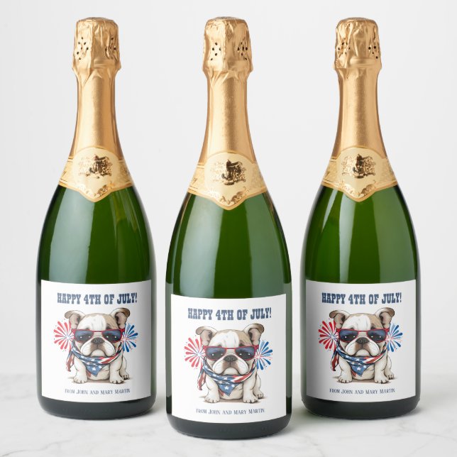 Bulldog 4th July Independence Day Red White Blue Sparkling Wine Label (Bottles)
