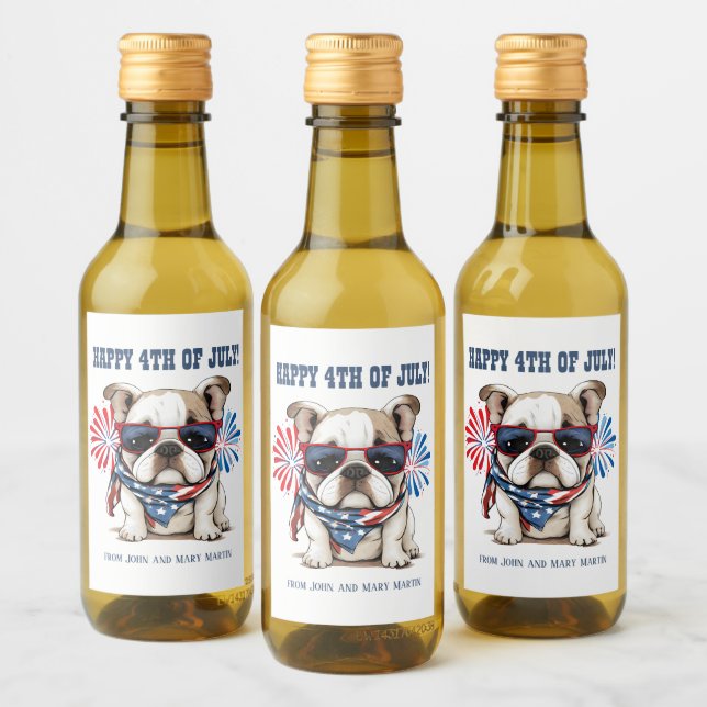 Bulldog 4th July Independence Day Red White Blue Wine Label (Bottles)