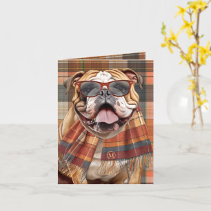 Bulldog and Autumn Plaid Monogrammed Card