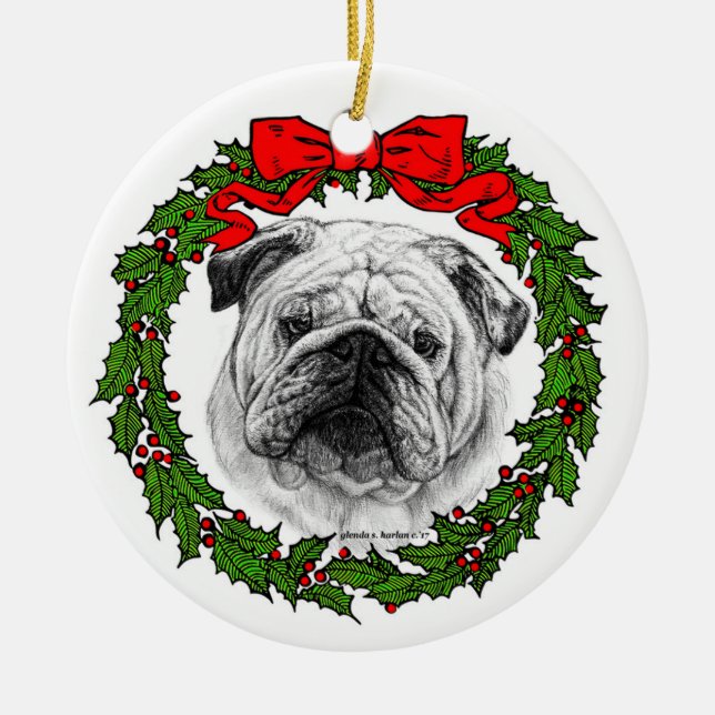 Bulldog Art by Glenda S. Harlan Ceramic Ornament (Front)