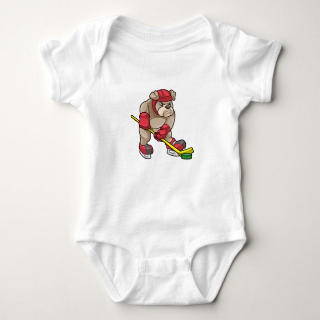 Bulldog at Ice hockey with Hockey stick Baby Bodysuit (Front)