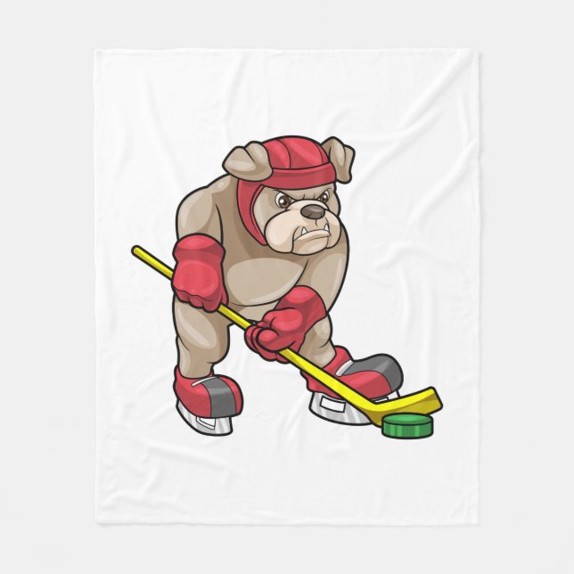 Bulldog at Ice hockey with Hockey stick Fleece Blanket (Front)