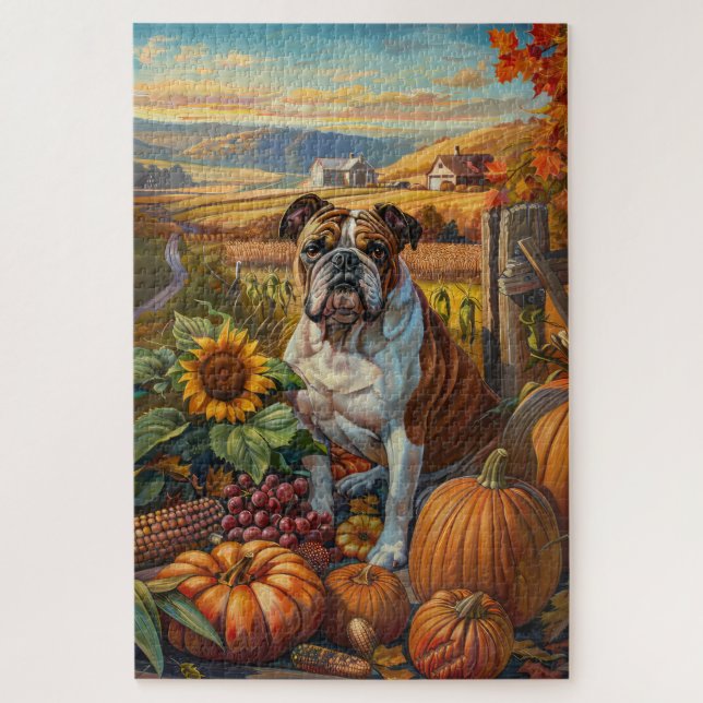 Bulldog Autumn Harvest Thanksgiving Jigsaw Puzzle (Vertical)