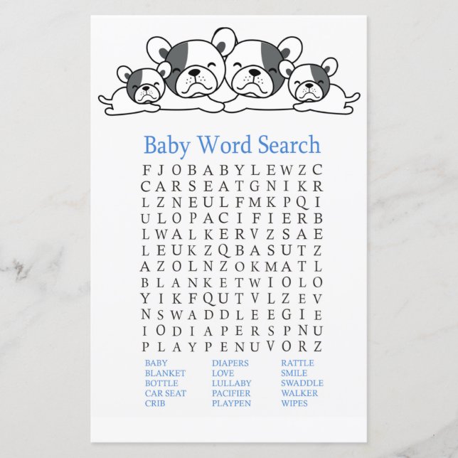Bulldog Baby Shower Word Search Game (Front)