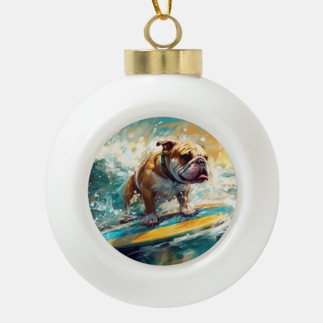 Bulldog Beach Surfing Painting Ceramic Ball Christmas Ornament (Front)