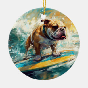 Bulldog Beach Surfing Painting Ceramic Ornament