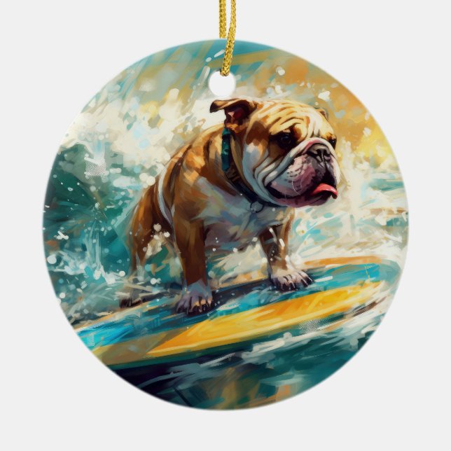 Bulldog Beach Surfing Painting Ceramic Ornament (Front)