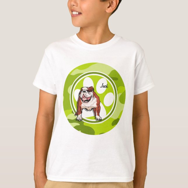Bulldog; bright green camo, camouflage T-Shirt (Front)