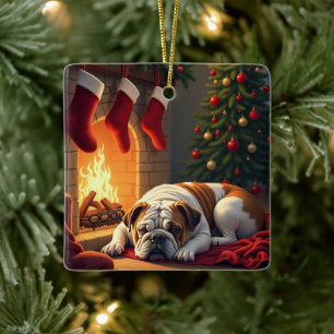 Bulldog by the Fireplace Christmas Painting Ceramic Ornament