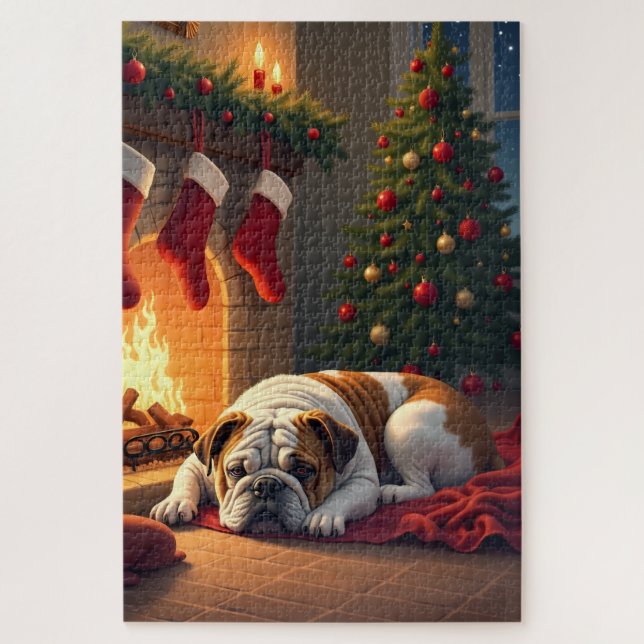 Bulldog by the Fireplace Christmas Painting Jigsaw Puzzle (Vertical)