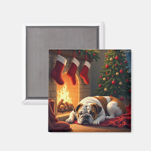 Bulldog by the Fireplace Christmas Painting Magnet