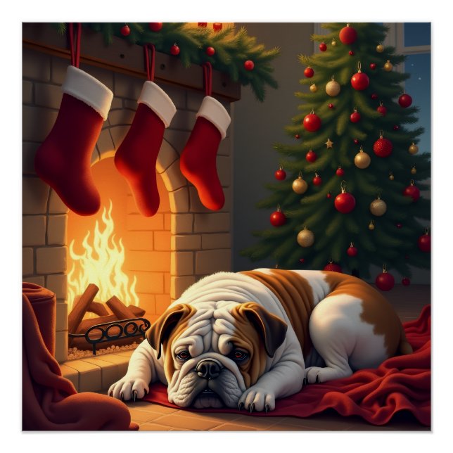 Bulldog by the Fireplace Christmas Painting Poster (Front)