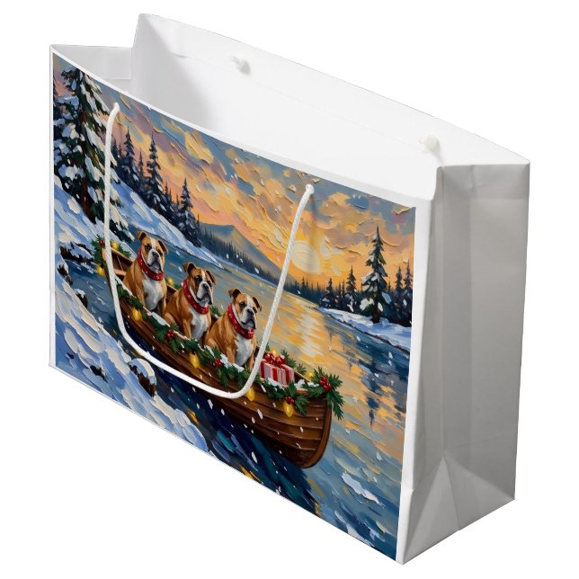 Bulldog Christmas Boat Holiday Large Gift Bag (Front Angled)