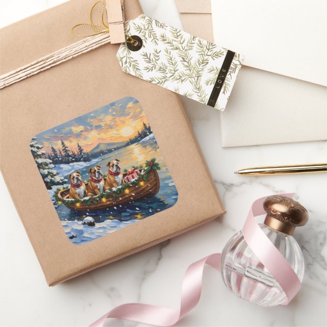Bulldog Christmas Boat Holiday Square Sticker (Gifting)