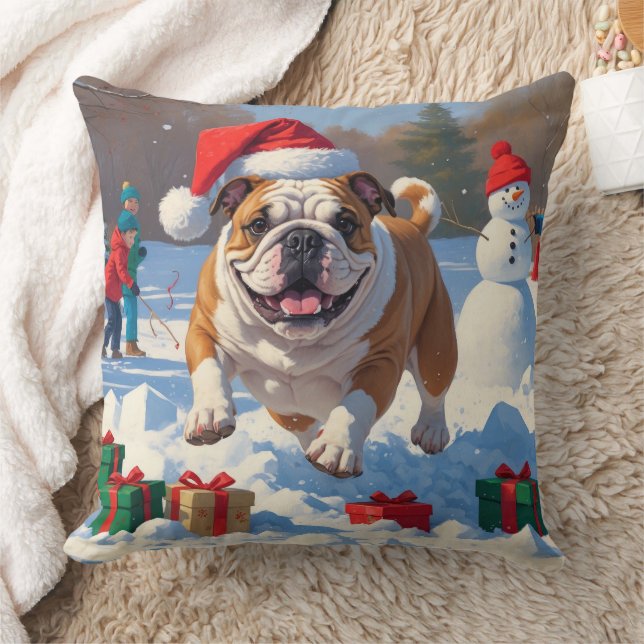 Bulldog Christmas Festive Snow Scene Cushion (Blanket)