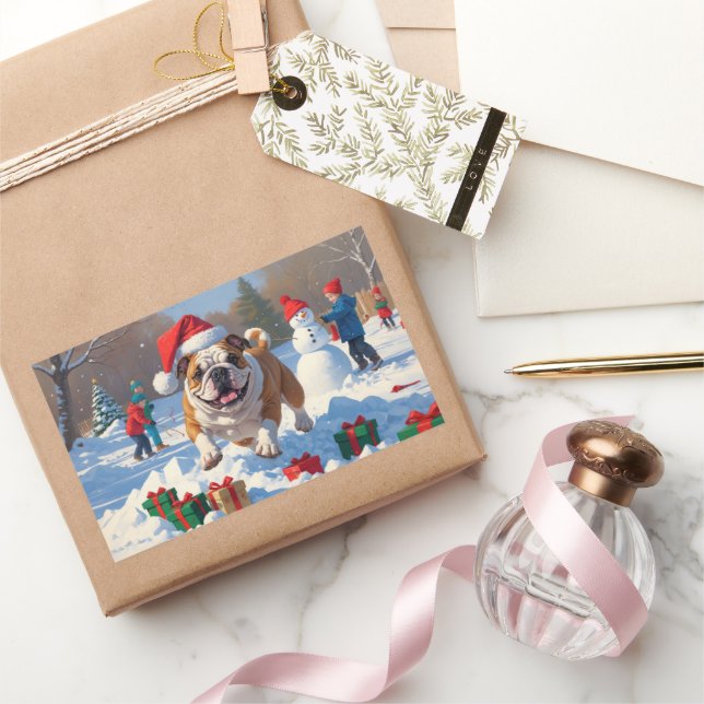 Bulldog Christmas Festive Snow Scene Rectangular Sticker (Gifting)