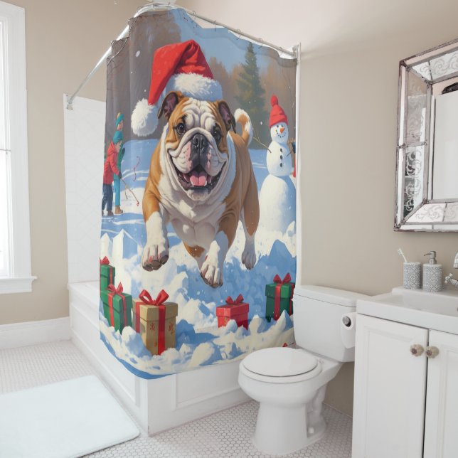 Bulldog Christmas Festive Snow Scene Shower Curtain (In Situ)