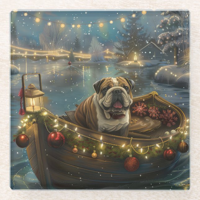 Bulldog Christmas Festive Voyage Glass Coaster (Front)