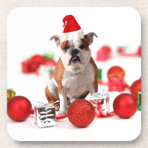 Bulldog Christmas Gift Box Ornaments Red Santa Hat Coaster