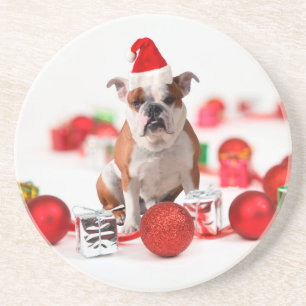 Bulldog Christmas Gift Box Ornaments Red Santa Hat Coaster