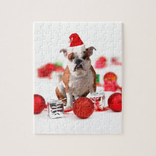 Bulldog Christmas Gift Box Ornaments Red Santa Hat Jigsaw Puzzle